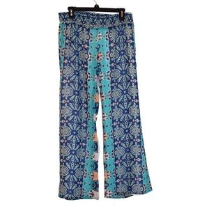 Saks Aqua Blue Printed Flowy Hippie Pants